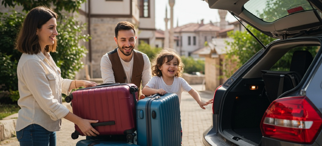 Familia colocando maletas en el coche